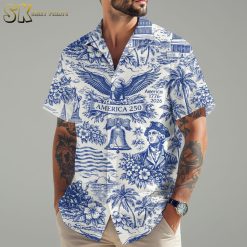 America 250 hawaiian shirt closeup showing detailed patriotic pattern with founding father, eagle wings, and tropical elements
