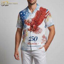 Close-up view of America 250 hawaiian shirt showing detailed bald eagle design with American flag background and semiquincentennial text in patriotic colors