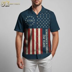 america 250 hawaiian shirt closeup showing detailed american flag pattern with stars stripes and semiquincentennial 250 years text