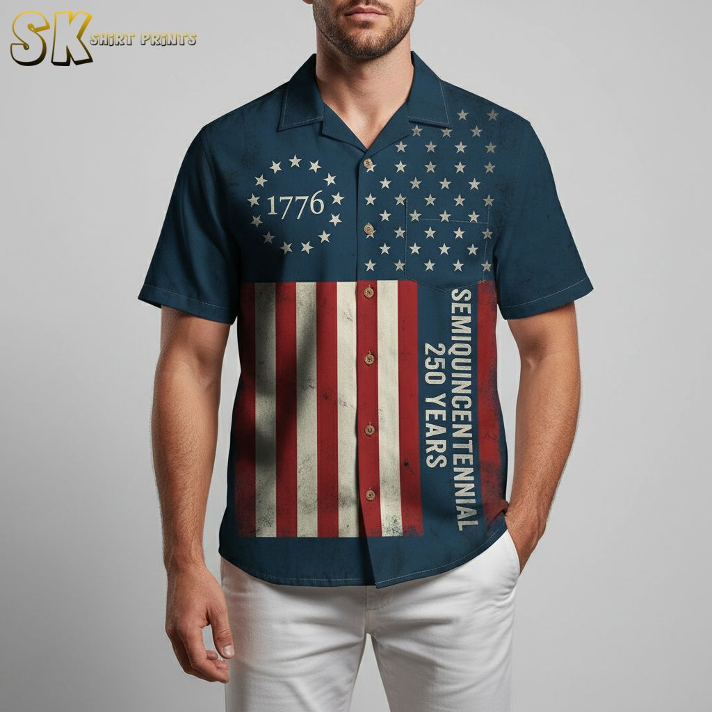 america 250 hawaiian shirt closeup showing detailed american flag pattern with stars stripes and semiquincentennial 250 years text