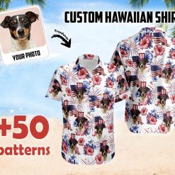 Dog face wearing Uncle Sam hat on america 250 hawaiian shirt with flags fireworks hibiscus