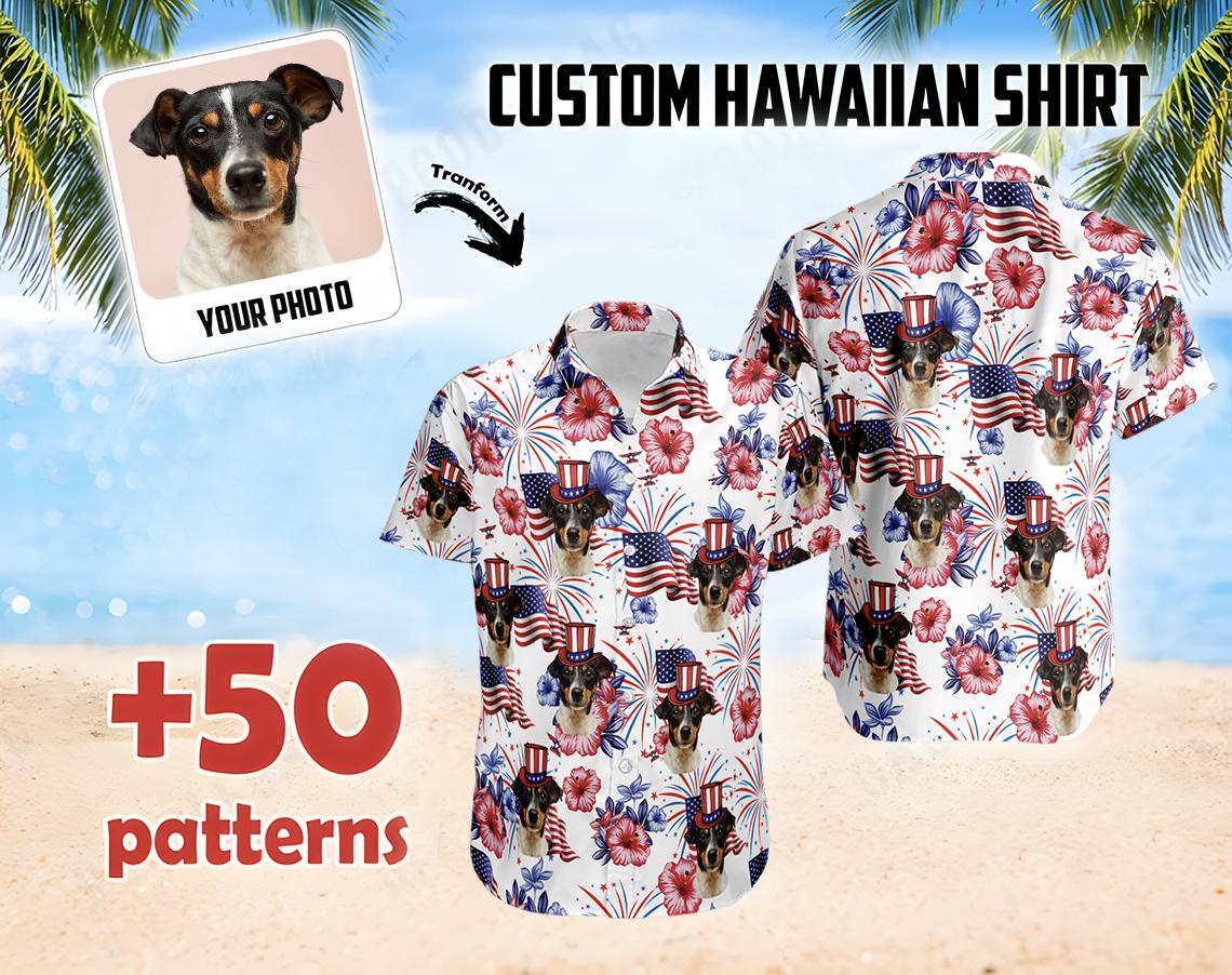 Dog face wearing Uncle Sam hat on america 250 hawaiian shirt with flags fireworks hibiscus