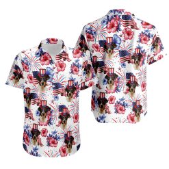 Multiple dogs wearing red white blue hats america 250 hawaiian shirt patriotic pattern