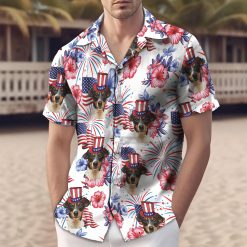 Single dog Uncle Sam hat america 250 hawaiian shirt American flags fireworks hibiscus flowers