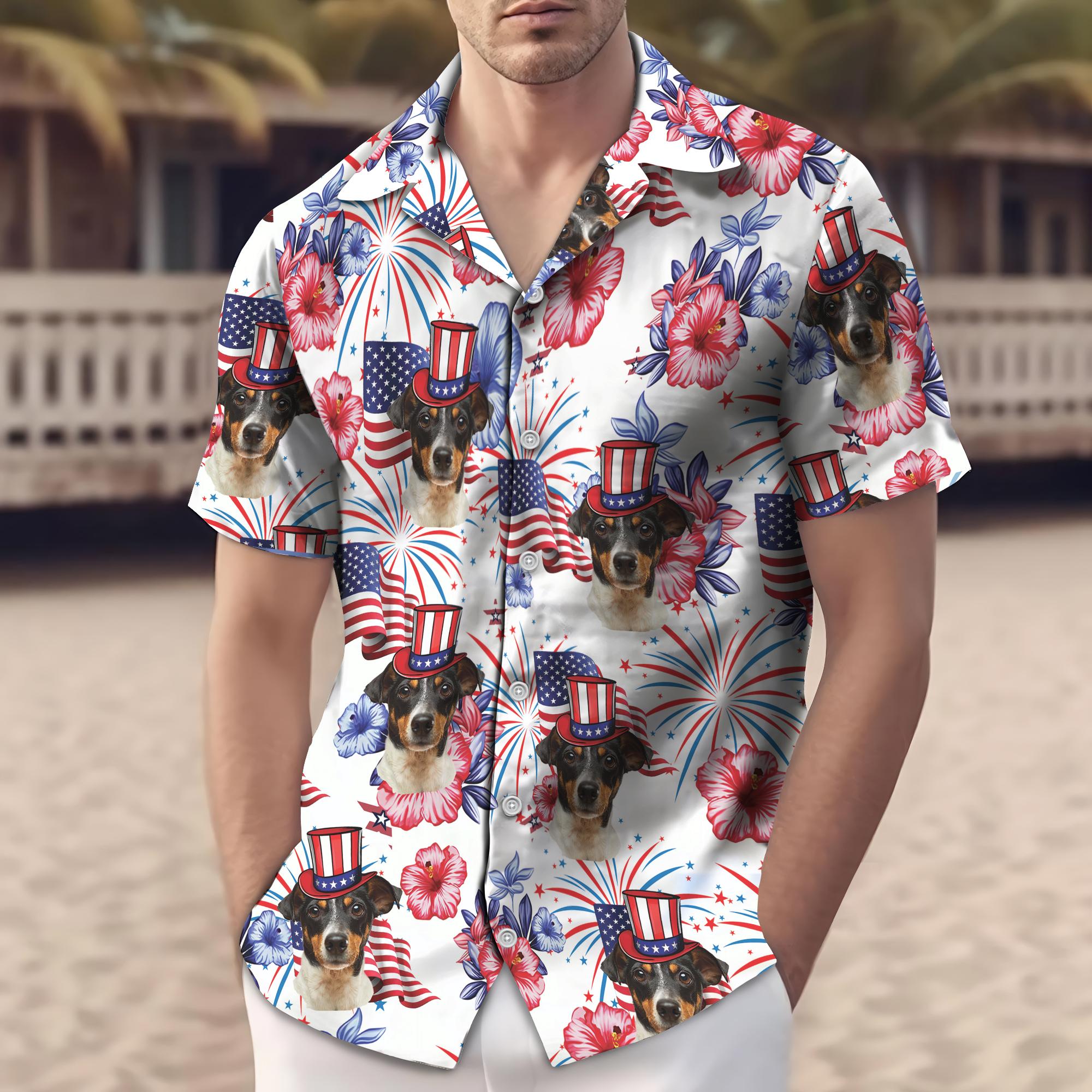 Single dog Uncle Sam hat america 250 hawaiian shirt American flags fireworks hibiscus flowers