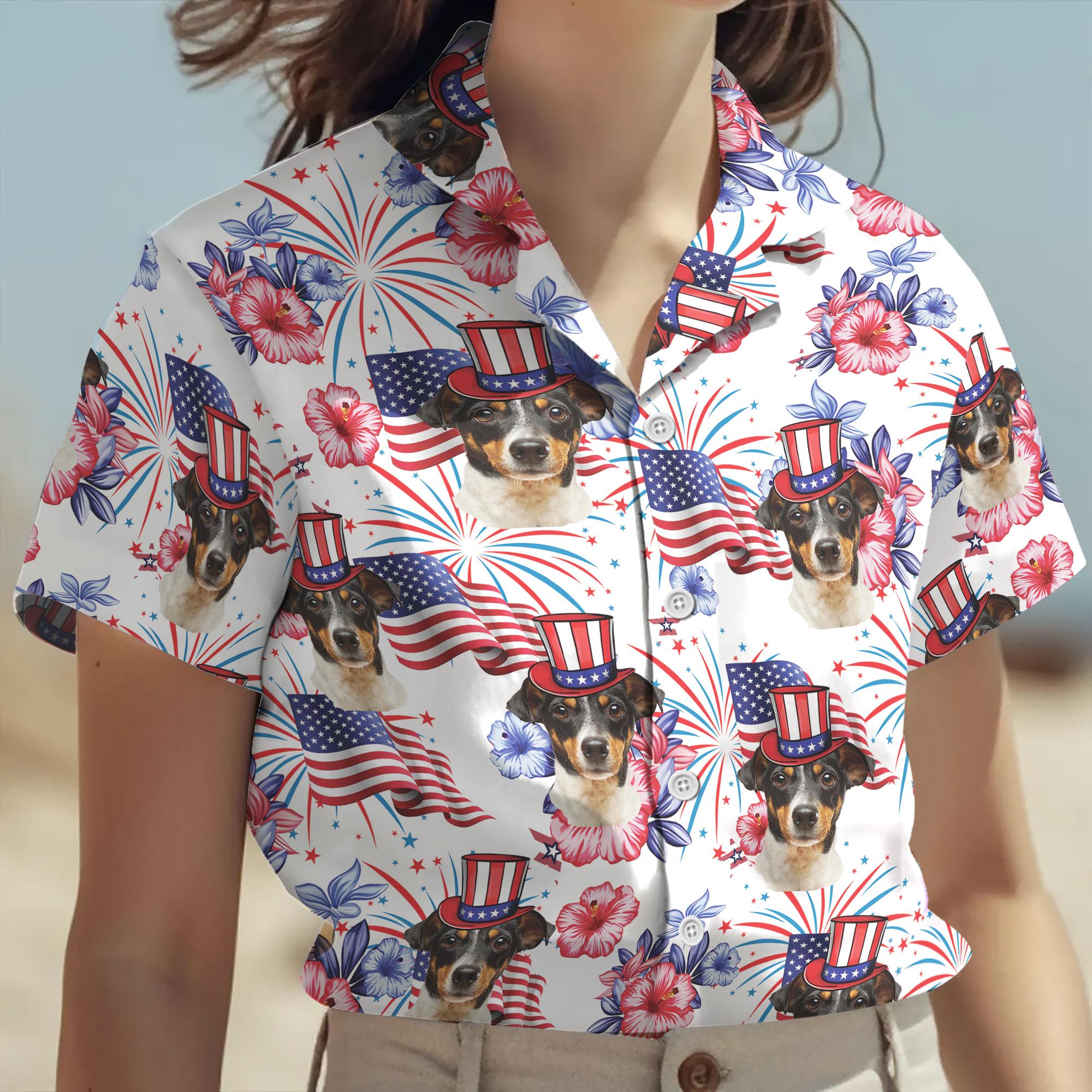 Dogs in Uncle Sam top hats america 250 hawaiian shirt with American flags hibiscus