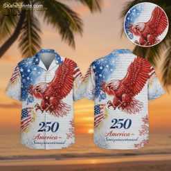 America 250 shirt featuring bald eagle with outstretched wings, American flag and fireworks pattern in red white blue colors worn in lifestyle setting