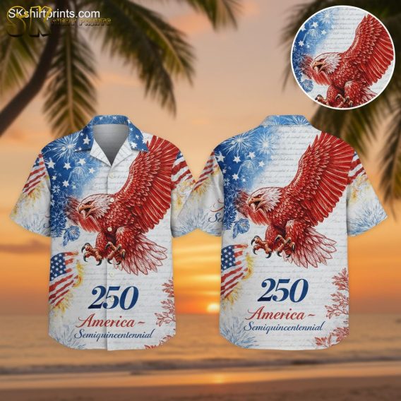 America 250 shirt featuring bald eagle with outstretched wings, American flag and fireworks pattern in red white blue colors worn in lifestyle setting