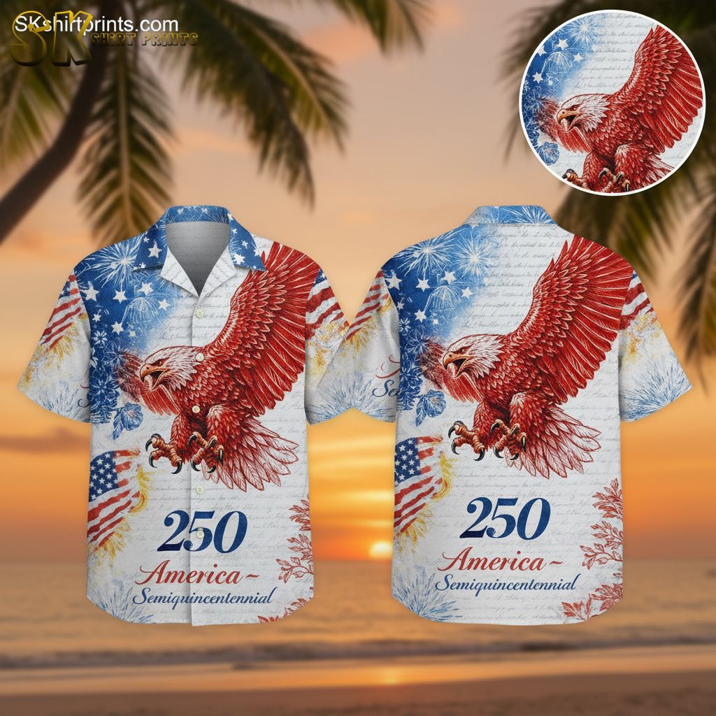 America 250 shirt featuring bald eagle with outstretched wings, American flag and fireworks pattern in red white blue colors worn in lifestyle setting