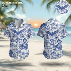 America 250 shirt lifestyle photo showing patriotic Hawaiian design with eagle, Liberty Bell, Capitol building and 1776-2026 text