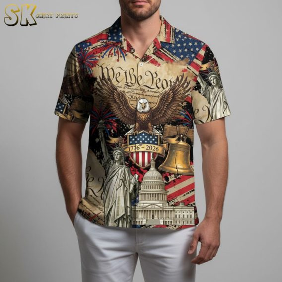 America 250 years freedom Hawaiian shirt with We the People text, fireworks, and patriotic symbols for Independence Day