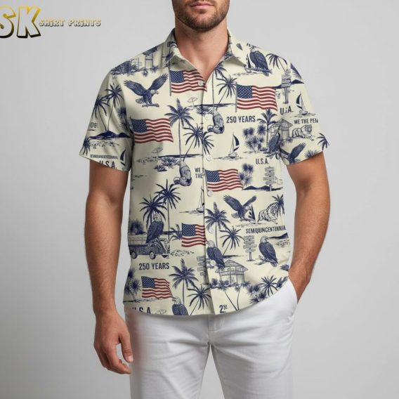 America 250th anniversary Hawaiian shirt with semiquincentennial patriotic pattern and eagles