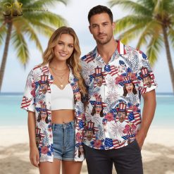 America patriotic Hawaiian shirt displaying Uncle Sam faces, fireworks explosions and American flag motifs