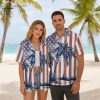 American flag Hawaiian shirt with vintage USA design featuring palm trees and coastal scenery