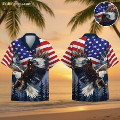 American flag Hawaiian shirt 2026 featuring bald eagle in flight with forest silhouettes patriotic design