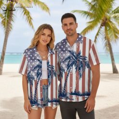 American flag Hawaiian shirt with vintage USA design featuring palm trees and coastal scenery