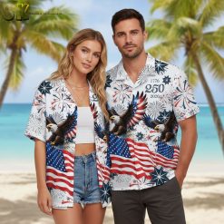 American flag Hawaiian shirt with bicentennial theme showing eagles and patriotic symbols