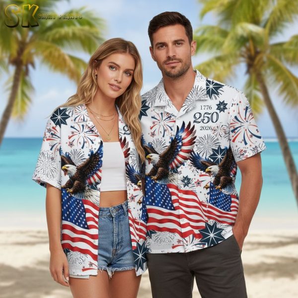 America 250th Anniversary Hawaiian Shirt - Bald Eagle USA 1776-2026 Years of Freedom Button Up