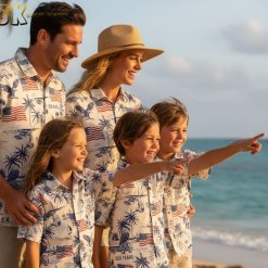 American flag Hawaiian shirt collection showing multiple patriotic tropical shirt designs