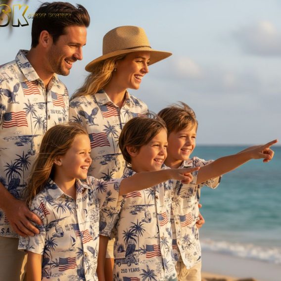 American flag Hawaiian shirt collection showing multiple patriotic tropical shirt designs