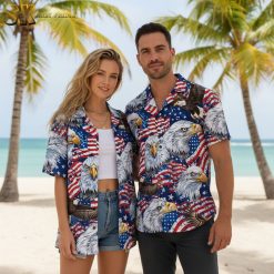 American flag Hawaiian shirt with eagle design perfect for July 4th celebration wear