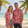 American flag Hawaiian shirt in red with white tropical hibiscus and patriotic design