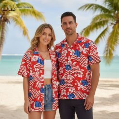 American flag Hawaiian shirt in red with white tropical hibiscus and patriotic design
