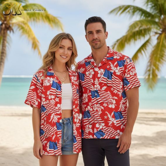 American flag Hawaiian shirt in red with white tropical hibiscus and patriotic design