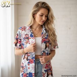 American flag Hawaiian shirt product specifications showing size chart and material details
