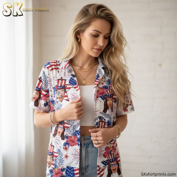 American flag Hawaiian shirt product specifications showing size chart and material details