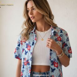 American Independence 250 aloha shirt size chart and specifications showing premium patriotic design details