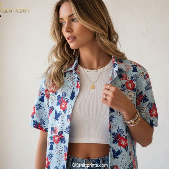 American Independence 250 aloha shirt size chart and specifications showing premium patriotic design details