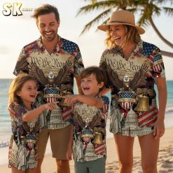 Collection of American patriotic Hawaiian shirts in multiple colors celebrating 250th anniversary with various patriotic designs