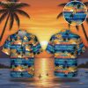Beach Hawaii shirt with vibrant sunset scene featuring palm trees and sailboats in tropical colors