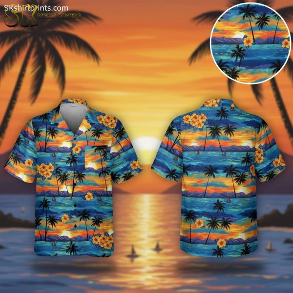 Tropical Sunset Beach Hawaii Shirt - Palm Trees Sailboats Hawaiian Aloha Short Sleeve Button Down