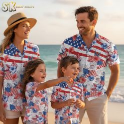 Beggars Pizza White Sox shirt in patriotic Hawaiian style collection with American flag hibiscus pattern
