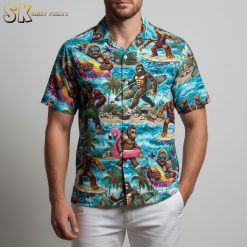 Bigfoot Hawaiian shirt with Sasquatch surfing and tropical beach activities