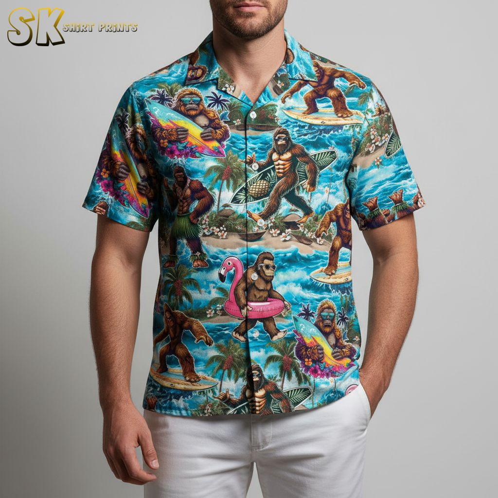 Bigfoot Hawaiian shirt with Sasquatch surfing and tropical beach activities