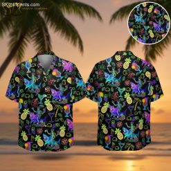 Black aloha shirt with vibrant neon tropical pattern featuring cocktails, pineapples, and palm trees