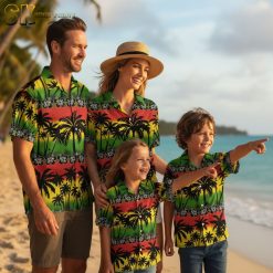 Black and gold Hawaiian shirt collection showing multiple tropical designs with golden accents and palm patterns