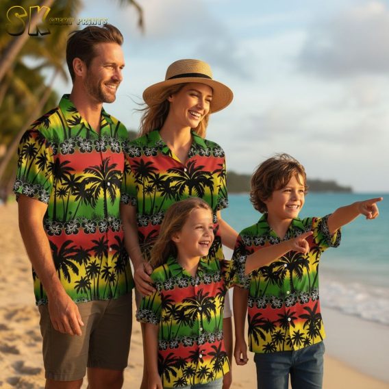 Black and gold Hawaiian shirt collection showing multiple tropical designs with golden accents and palm patterns