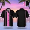 Black and pink Hawaiian shirt featuring vertical stripes and flamingo design on chest pocket