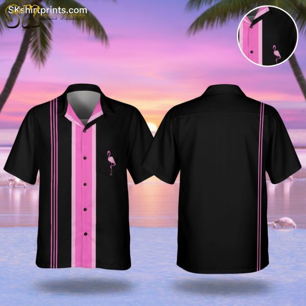 Black Pink Flamingo Hawaiian Shirt Men Button Down Short Sleeve Aloha Shirt Summer Beach Vacation