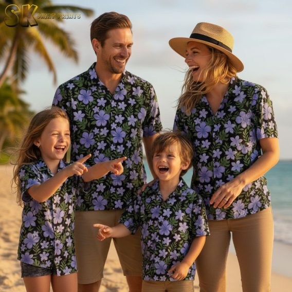Black and purple hawaiian shirts with purple flowers on black base fabric and green leaf details
