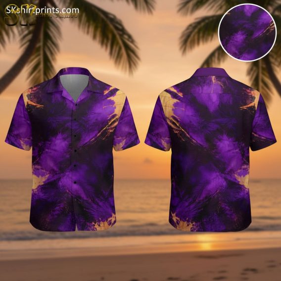 Black and purple Hawaiian shirts featuring vibrant tie-dye pattern with orange accents and swirled abstract design