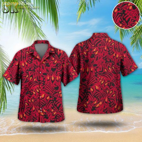 Black and Red Hawaiian Shirt with Abstract Flame Pattern - Tropical Button Down