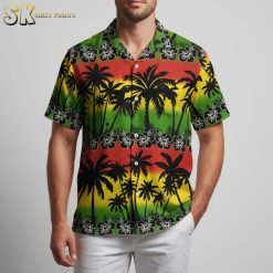 Black and white Hawaiian shirt with hibiscus flowers and palm tree design in monochrome tropical style