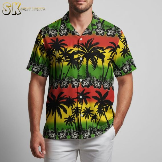 Black and white Hawaiian shirt with hibiscus flowers and palm tree design in monochrome tropical style