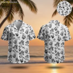 Black and white Hawaiian shirt featuring rooster and palm tree tropical print design