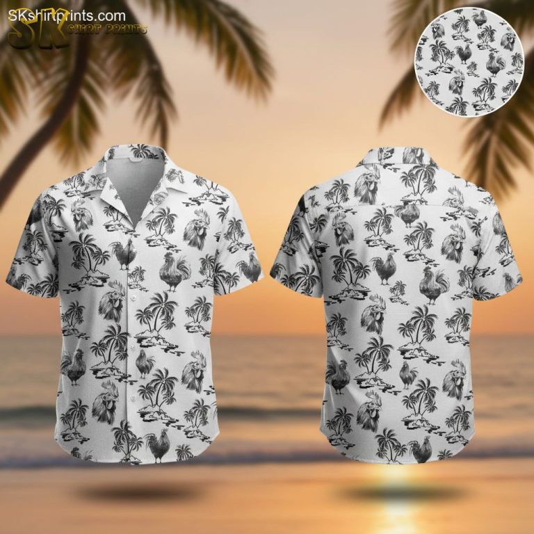 Black and White Rooster Hawaiian Shirt – Men’s Short Sleeve Button Down Tropical Print